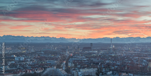 Munich Sunset with the Alps Panorama - Munhen Sonnenuntergang Panorama - Marienplatz, Frauenkirche, Rathausturm, Rathaus photo