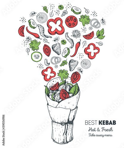 Doner kebab and ingredients for kebab, sketch illustration. Flying salad concept. Arabic cuisine frame. Fast food menu design elements. Shawarma hand drawn. Middle eastern food.