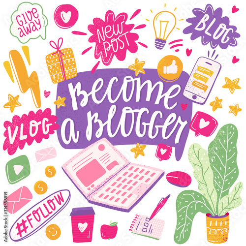 Become a blogger. Design elements of the blog. Cute speech bubbles with keywords vlog, blog, new post, follow, give away and social icons. Vector illustration.