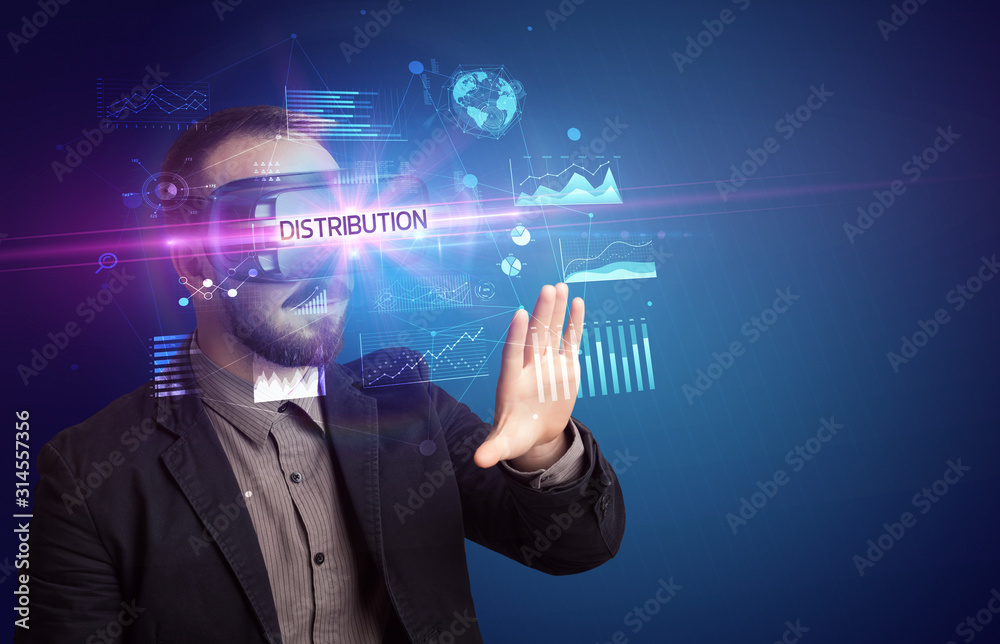 Businessman looking through Virtual Reality glasses with DISTRIBUTION inscription, new business concept Businessman looking through Virtual Reality glasses with DISTRIBUTION inscription, new business concept