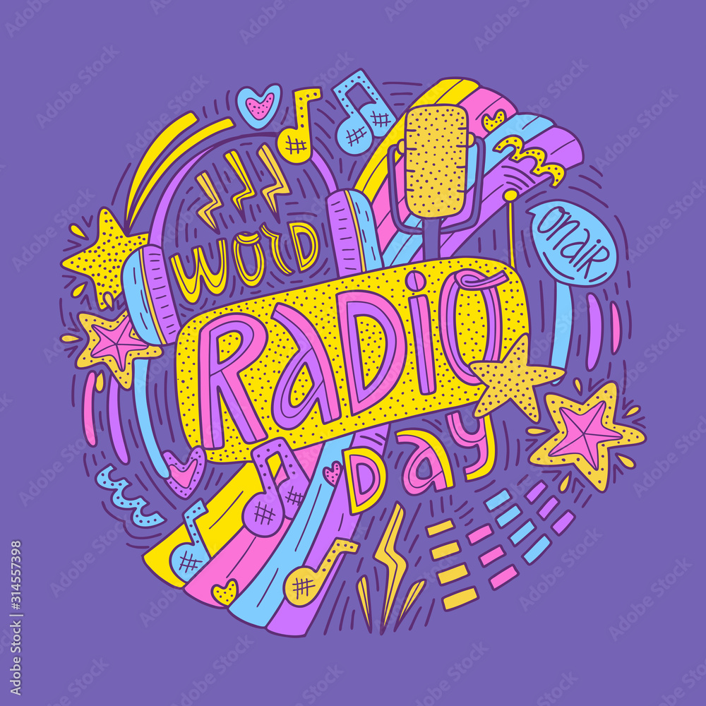 World radio day, February 13, concept background. Hand-drawn colorful illustration in doodle style.