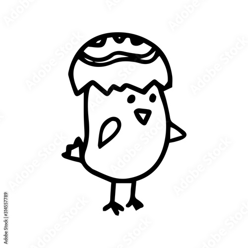 Little chicken hid in an eggshell. Vector doodle illustration isolated on white background. Concept happy Easter. Desing children textile, coloring book, invitation, T-shirt, poster, print, card, cup.