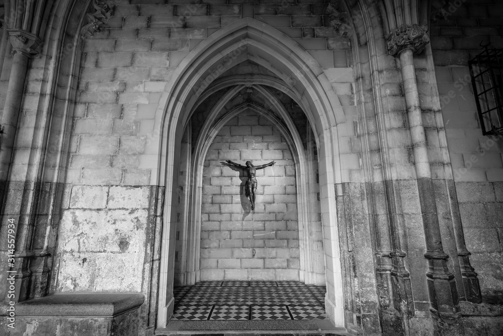 Maastricht. Interior of Basilica of St. Servatius. The Basilica of St. Servatius is a oldest Roman catholic church the Netherlands. Black and white.