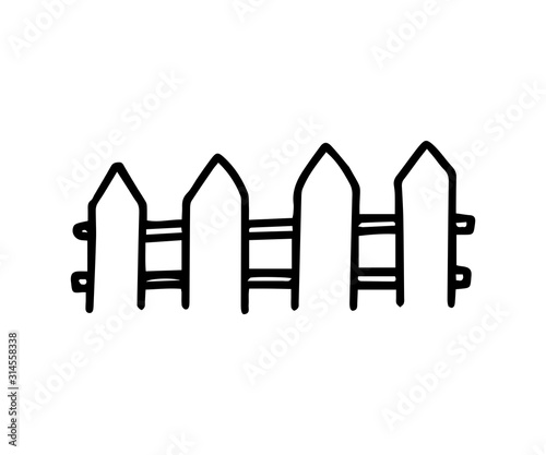 Small flowerbed fence in doodle outline style isolated on white background. Hand drawn vector illustration. Black line icon. Construction for desing logo, kids book, print, t shirt, postcard, cup.