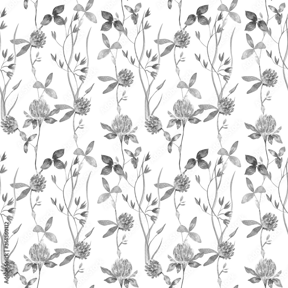 Watercolor seamless pattern of wildflowers, clover on a white background. Monochrome pattern, handmade. Ideal for printing onto fabrics, for kitchen utensils.