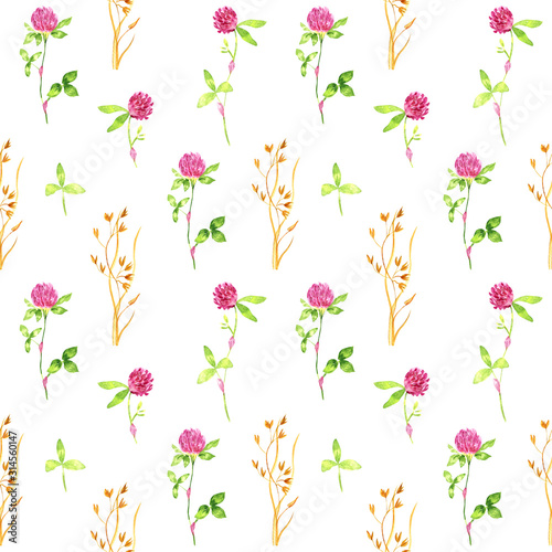 Watercolor seamless pattern of wildflowers, clover on a white background. delicate pink and yellow pattern, handmade. summer and spring flowers. Ideal for printing onto fabrics, for kitchen utensils.