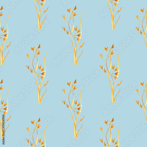 Watercolor seamless pattern of golden oats on a blue background. Ideal for printing onto fabrics, for kitchen appliances or for a healthy diet.