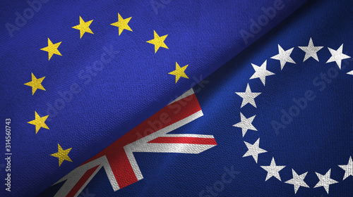 Fototapeta Naklejka Na Ścianę i Meble -  European Union and Cook Islands two flags textile cloth, fabric texture