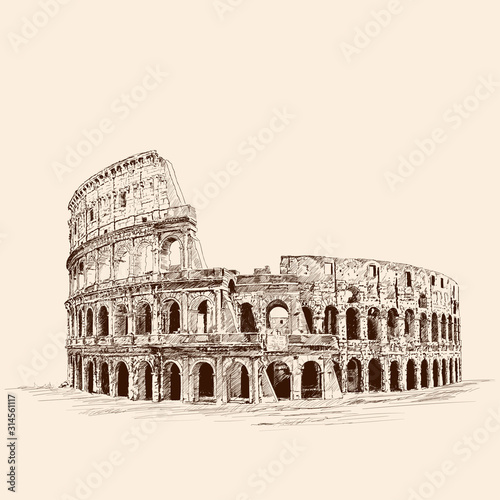 Monument of Italian architecture Colosseum. Pencil sketch on a beige background.
