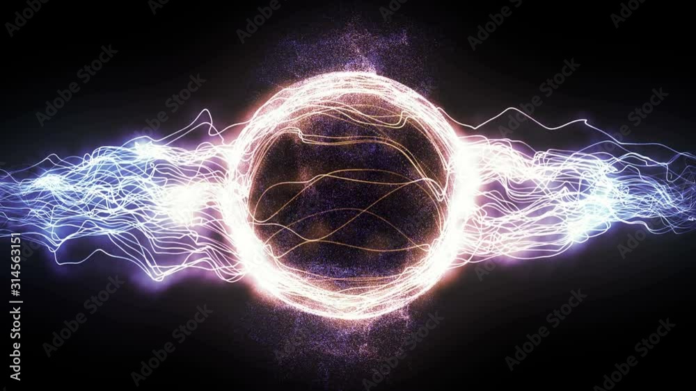 Abstract 4K Motion Graphic Looping Background, Coloured Energy Circle Plasma Ball Formed by Power Electrical Rays and Glowing Particles