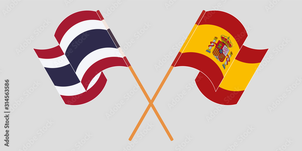 Crossed and waving flags of Thailand and Spain Crossed and waving flags of Thailand and Spain