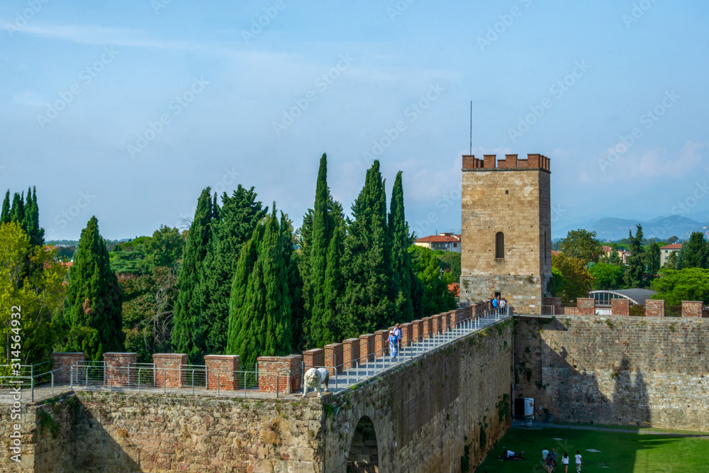 Fototapeta premium Lion's Gate, the Leaning Tower of Pisa, Piazza del Duomo, Tuscany, Italy