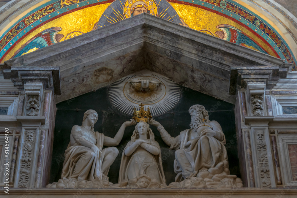 The coronation of the Virgin Mary by Jesus, God, and the Holy Spirit, Pisa Cathedral, the Leaning Tower of Pisa, Piazza del Duomo, Tuscany, Italy