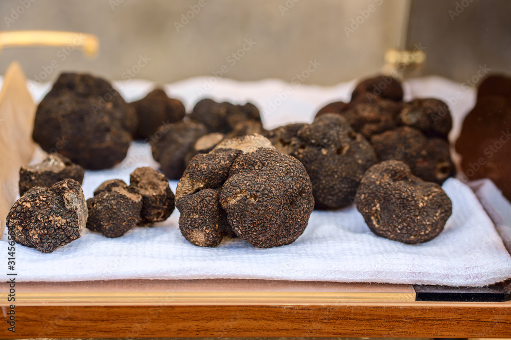 Les gros truffes noires sur le marché en Provence.