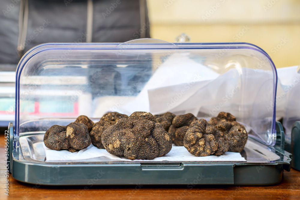 Les gros truffes noires sur le marché en Provence.