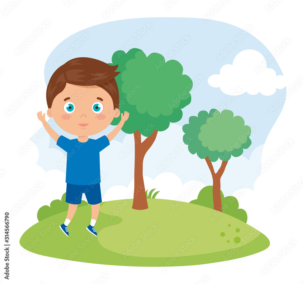 cute boy in the park nature vector illustration design