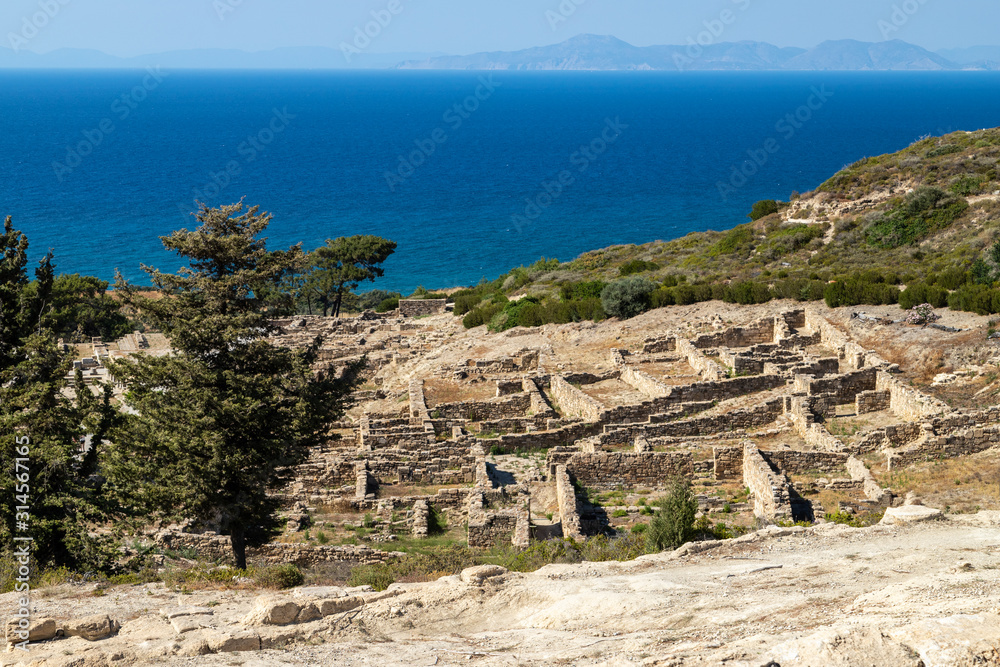 Scenic view from excavation site of the ancient city of Kamiros at the westside of Rhodes island, Greece on the aegaen sea