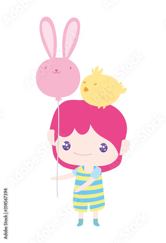 cute little boy cartoon with chick on head and balloon of rabbit