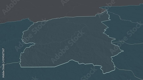 Ouham, prefecture with its capital, zoomed and extruded on the administrative map of Central African Republic in the conformal Stereographic projection. Animation 3D photo