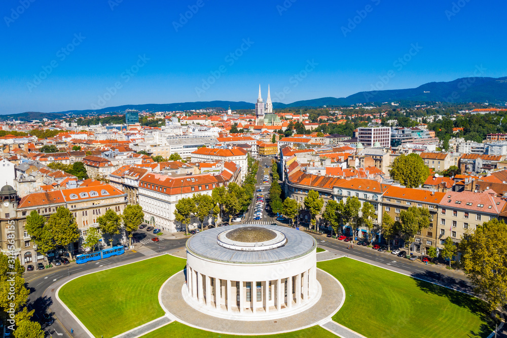 Zagreb, capital of Croatia, city center aerial from drone, art gallery and cathedral view - obrazy, fototapety, plakaty 