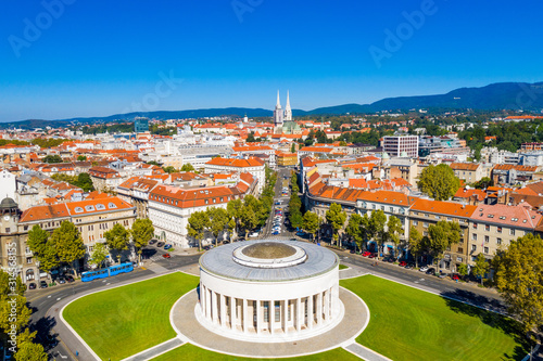 Zagreb, capital of Croatia, city center aerial from drone, art gallery and cathedral view photo