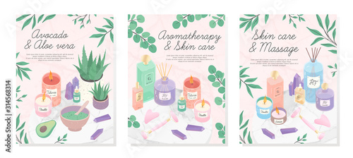 Vector bundle of skincare cosmetic products,face massage tools,oil,amethyst crystals,candles,diffuser, avocado and aloe facial mask.Aromatherapy,spa,wellness and skin care concept.Beauty routine.