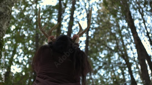 A Native American man is seen from behind with antlers, worshipping Awi Usdi, the Cherokee Little Deer God, animal kingdom respect and responsibility photo