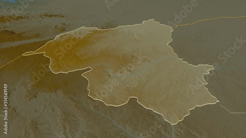 Ouham-Pendé, prefecture with its capital, zoomed and extruded on the relief map of Central African Republic in the conformal Stereographic projection. Animation 3D photo