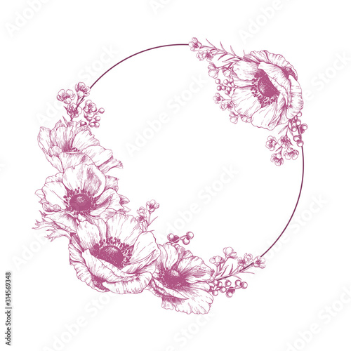 Floral stationery design with anemones. Elegant vector frame with flowers.