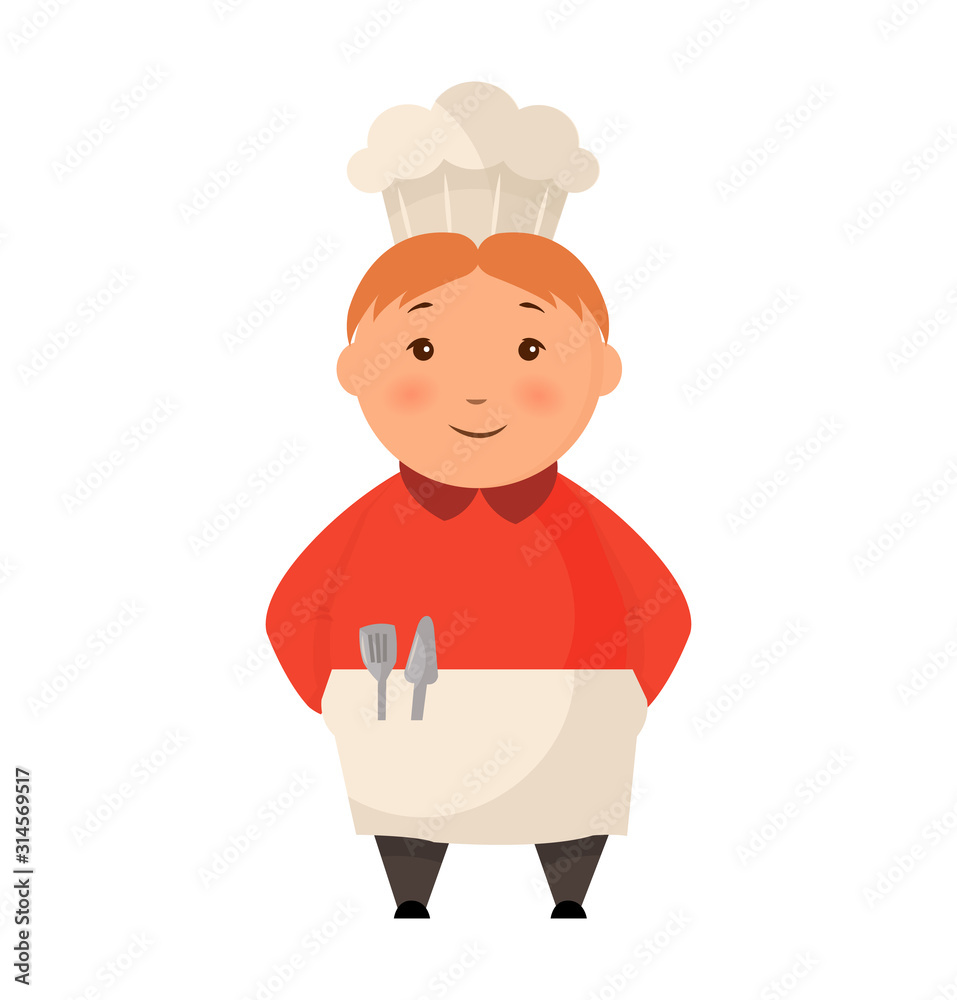 Child in a cook cap stands flat. Logo design template for baby food. Character child chef profession illustration