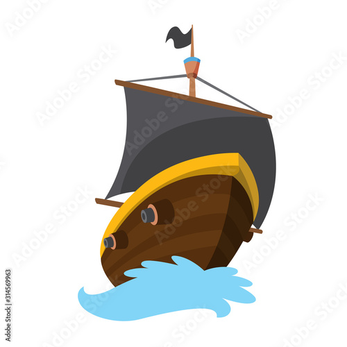 Wooden pirate buccaneer filibuster corsair sea dog ship icon game, isolated flat design. Color cartoon frigate. Vector illustration