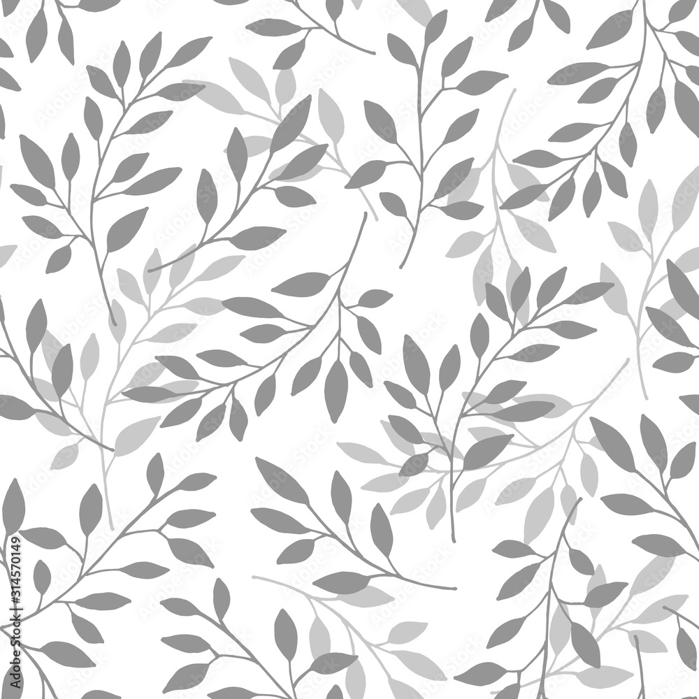 Floral seamless pattern of the branches. Vector illustration.  Background branches with gray leaves on white background.