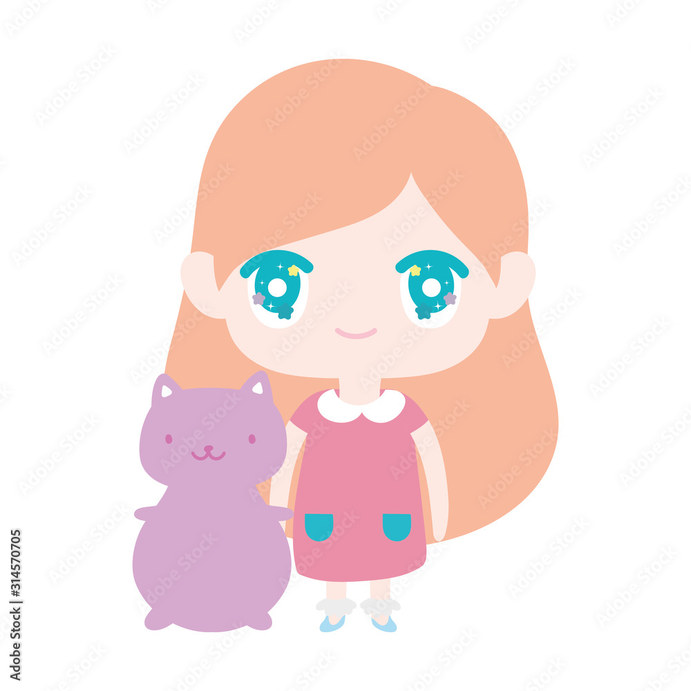 kids, cute little girl anime cartoon with cute cat kids, cute little girl anime cartoon with cute cat