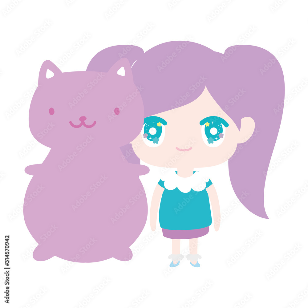 kids, cute little girl anime cartoon with cute cat kids, cute little girl anime cartoon with cute cat