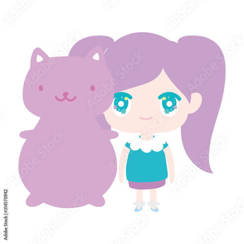 kids  cute little girl anime cartoon with cute cat