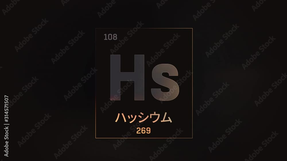 Hassium as Element 108 of the Periodic Table. Seamlessly looping 3D animation on grey illuminated atom design background orbiting electrons name, atomic weight element number in Japanese language Hassium as Element 108 of the Periodic Table. Seamlessly looping 3D animation on grey illuminated atom design background orbiting electrons name, atomic weight element number in Japanese language