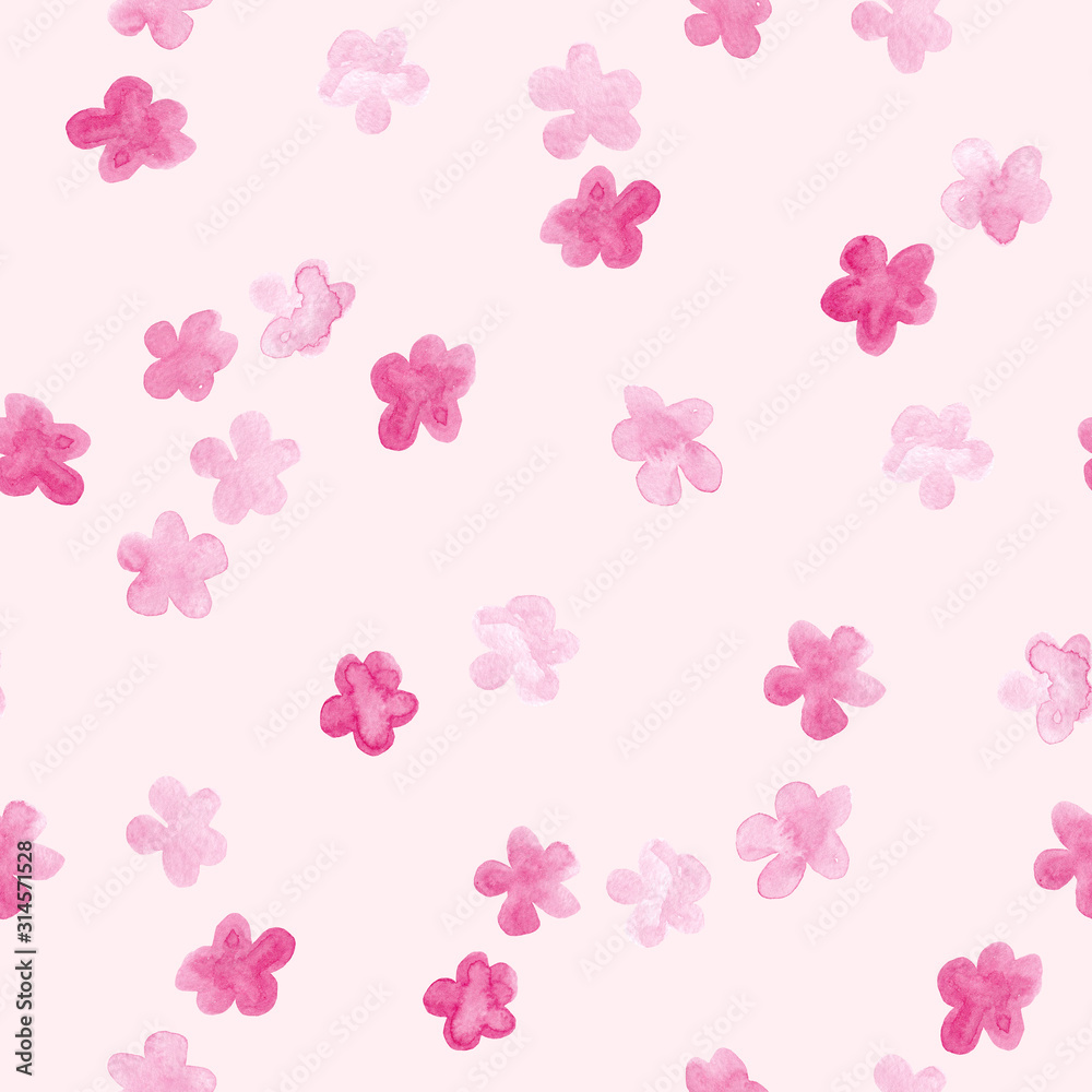 Little rosy flowers watercolor painting - hand drawn seamless pattern on pink background