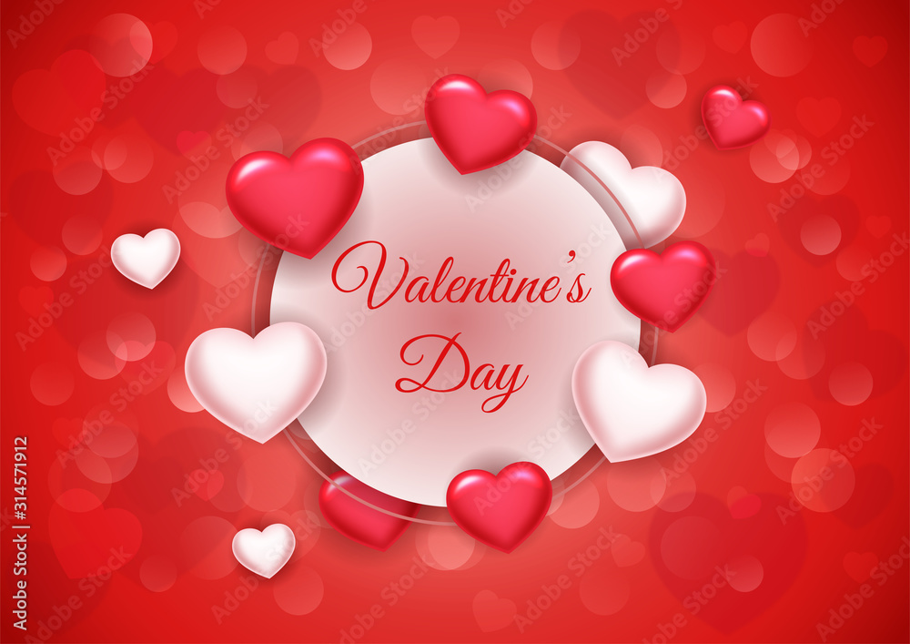 Carte invitation célébration Saint valentin - valentine's day - avec coeur rouge et blanc en relief sur fond rouge dégradé et bokeh