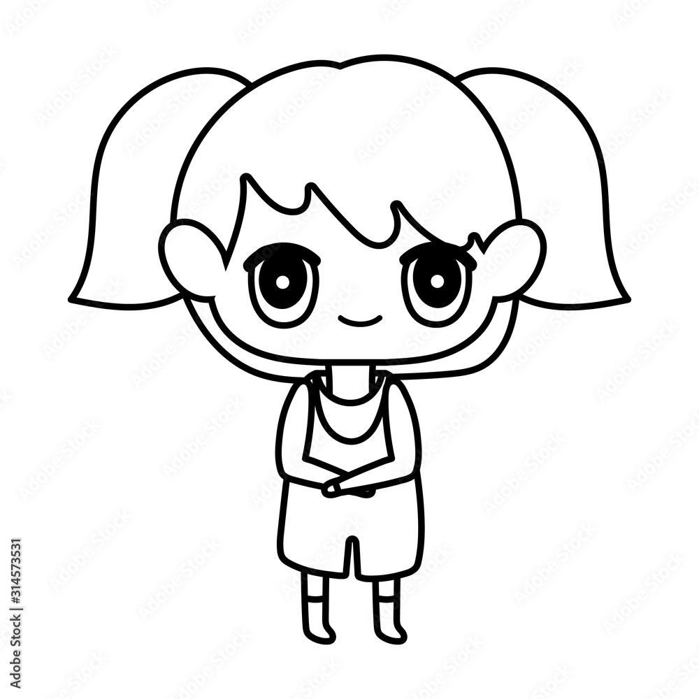 kids, cute little girl anime cartoon character thick line