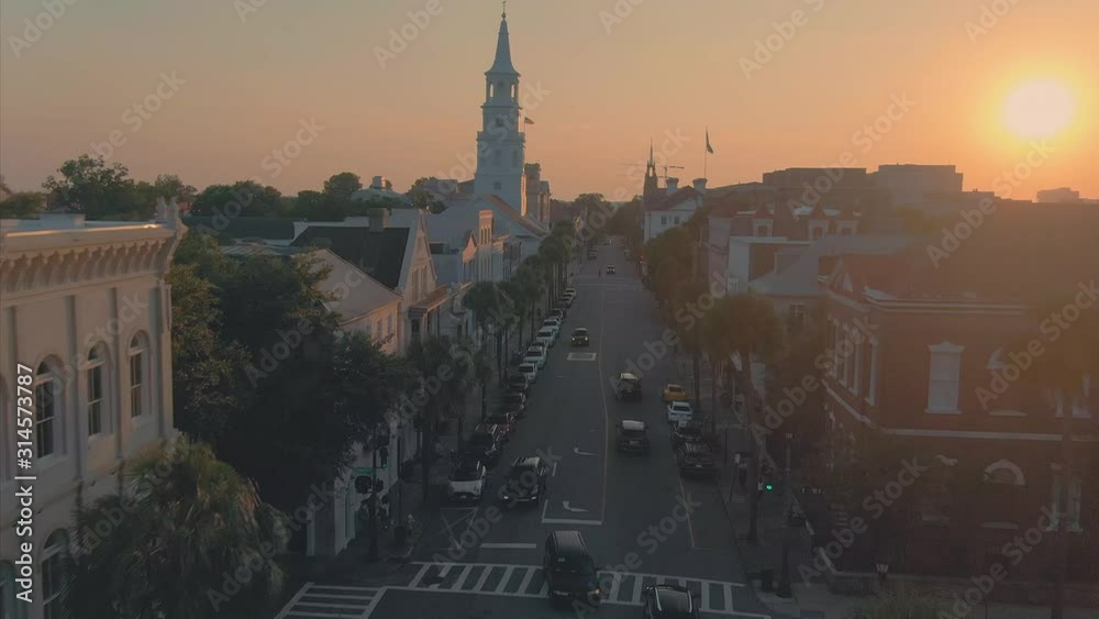 Aerial: Downtown Charleston on Broad Street at sunset. South Carolina, USA. 