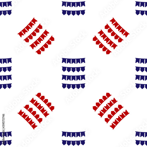 Blue and red Carnival garland with flags icon isolated seamless pattern on white background. Party pennants for birthday celebration, festival and fair decoration. Vector Illustration