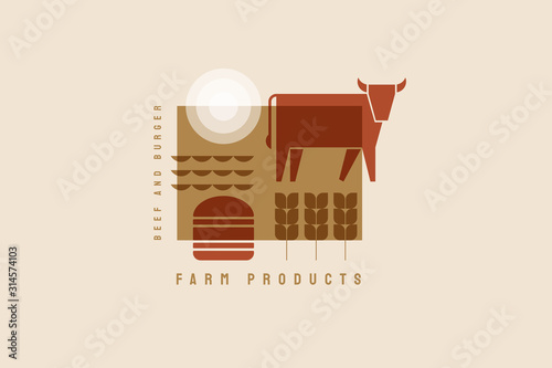 Silhouette of a cow, burger, ears of corn. The fresh farm produces a concept. It can be used for the design of meat shops, markets, and restaurant menus. Vector illustration on a light background.