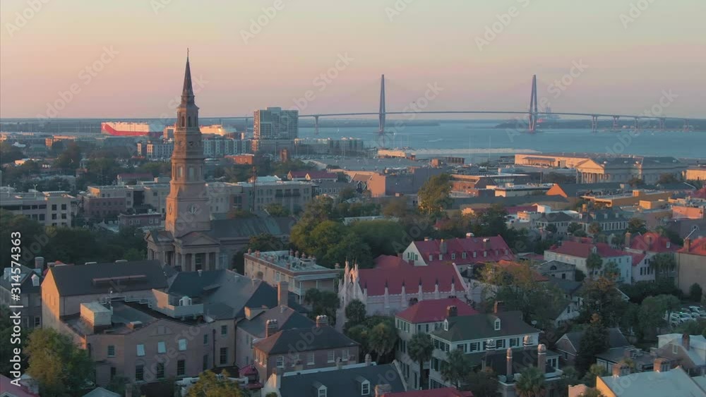 Aerial: St. Philip's Church and city skyline. Charleston, South Carolina, USA. Aerial: St. Philip's Church and city skyline. Charleston, South Carolina, USA.