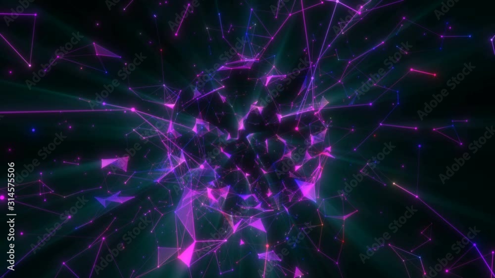 A purple neon sphere formed of elements rotates on a black background. Seamless loop.