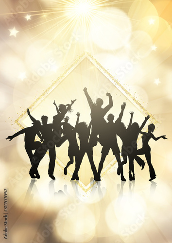 Party crowd on a gold bokeh lights background