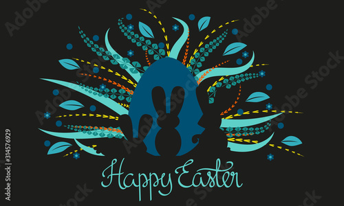 Dark Easter card with rabbits staring at the easter egg
