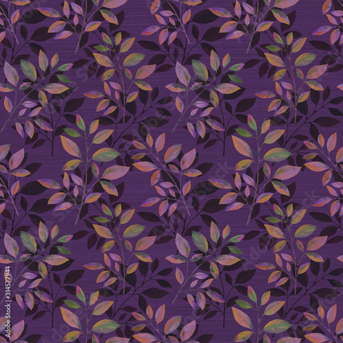 Branches with leaves drawn by watercolor. Seamless pattern with leaflets. Botanical ornament on a purple background. Painted leaves for packaging, wallpaper, fabrics.