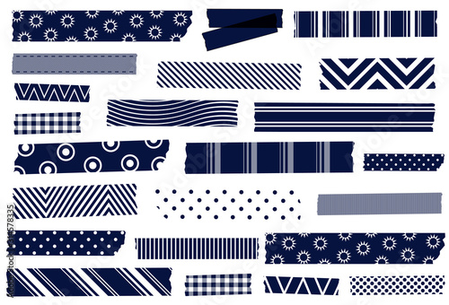 Collection of navy and white washi tape strips. EPS file has global colors for easy color changes and semitransparent tape strips. Masking or adhesive tape, stickers or labels.