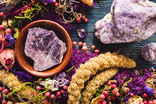 Teak Bowl of Lepidolite with Amethyst and Dried Spring Flowers and Moss