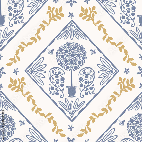 French blue shabby chic mosaic background. Orangery flourish topiary tree.  Summer country cottage seamless pattern. Hand drawn azulejos tile. Interior home deco classic farmhouse style all over print